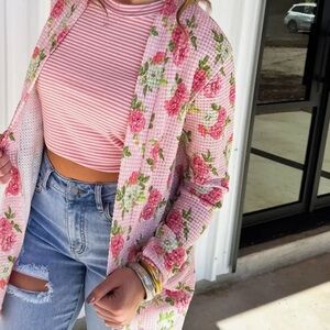 Floral Pink and Green waffle Cardigan